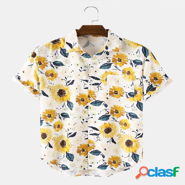 Mens girassol impressão peito bolso luz camisas de manga