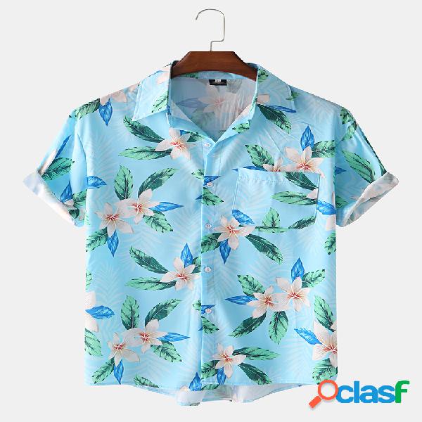 Mens havaiano tropical floral impresso manga curta Camisa