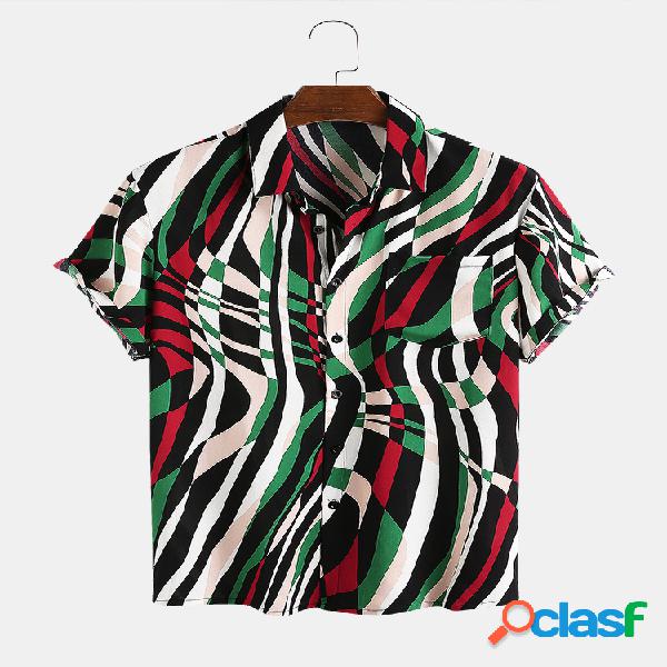Mens irregular listrado impressão manga curta casual