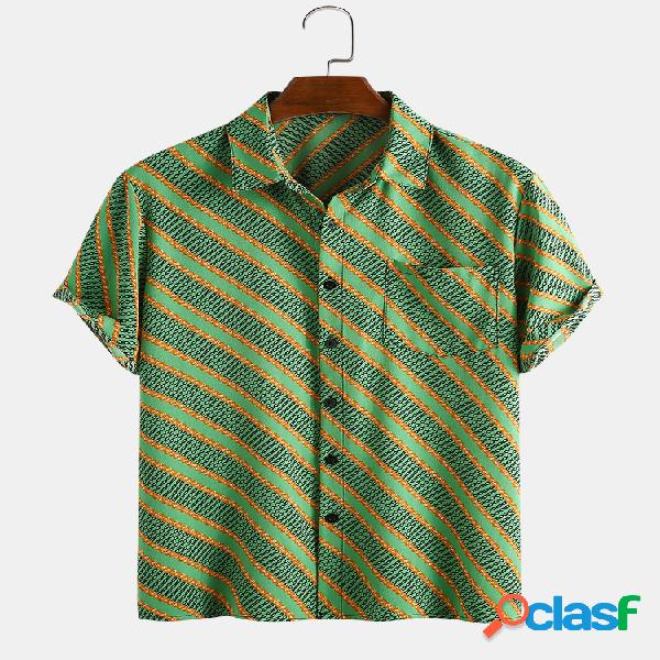 Mens listrado impressão peito bolso camisas de verão de