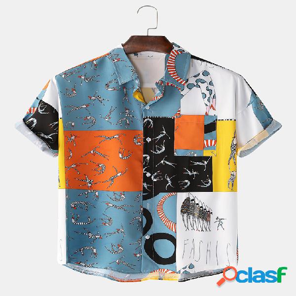 Mens patchwork caráter abstrato impressão leve casual