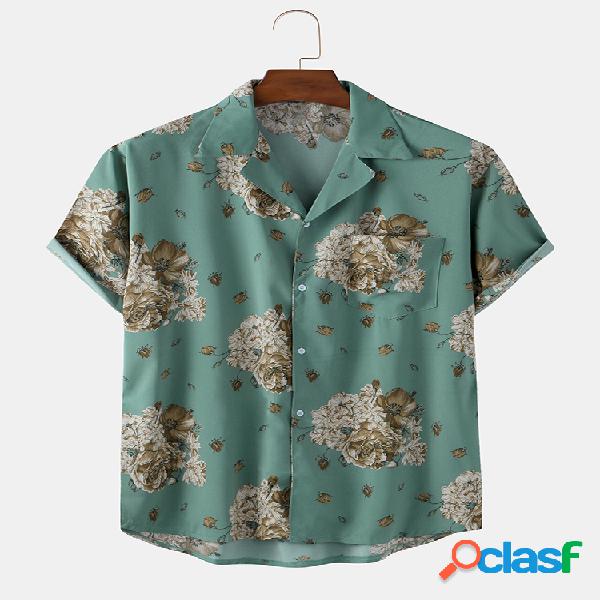 Mens vintage floral impressão peito bolso luz camisas