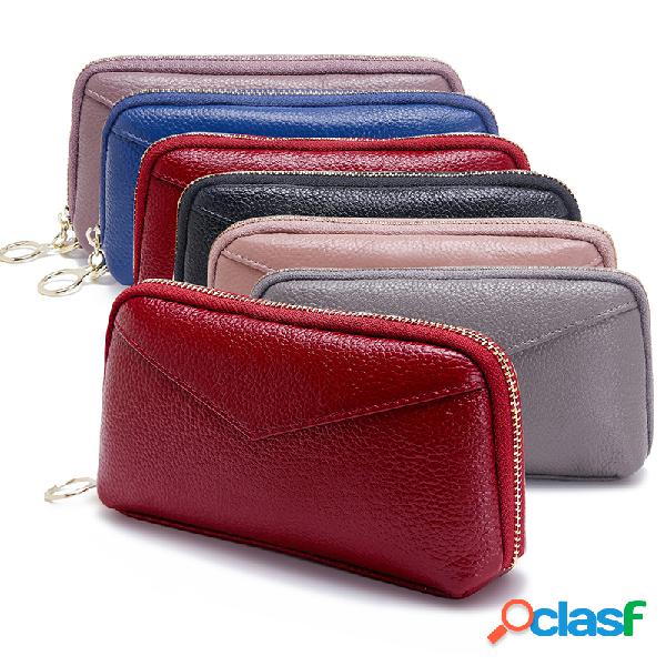 Mulheres Bifold Couro Genuíno Longo Telefone Bolsa Sólida