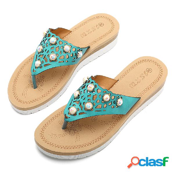 Mulheres Bohemia Casual Hollow Pearl Flip Flops Chinelos