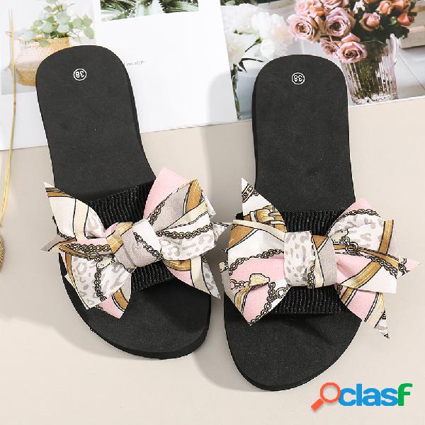 Mulheres Bow Decor Soft Chinelos planas Casuals inferiores