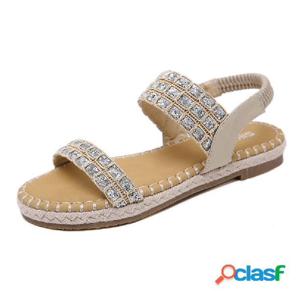 Mulheres Casual Comfy Rhinestone Straw Elastic Banda Sandals