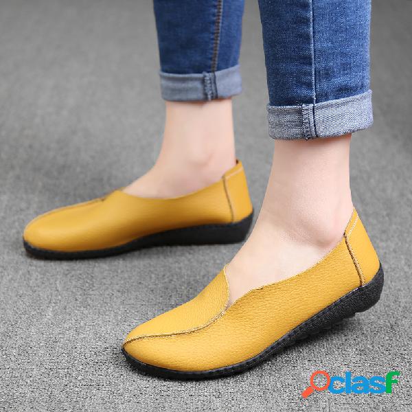 Mulheres Casual Couro Genuíno Solid Color Slip On Loafers