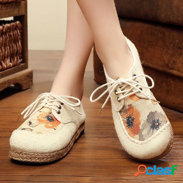 Mulheres Retro Casual Flower Pattern Lace Up Pano Sapatos