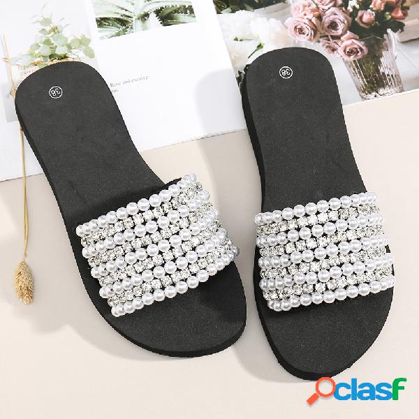Mulheres Rhinestone Elastic Banda Soft Chinelos planas