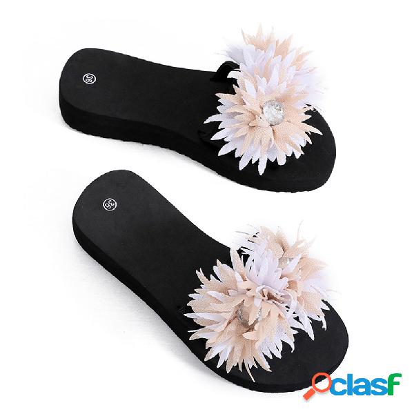 Mulheres Rhinestone Flowers Decor Soft Chinelos planas