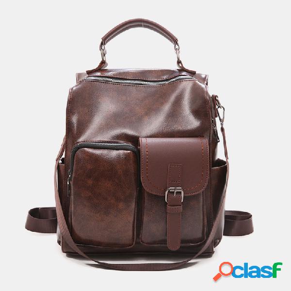 Mulheres Vintage Glossy PU Leather Backpack School Bolsa