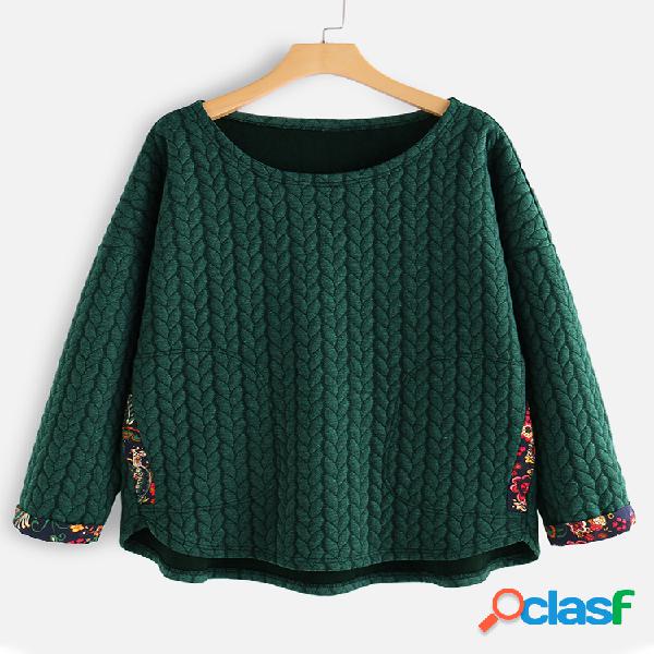 Mulheres Vintage Patchwork manga comprida engrossar Hoodies