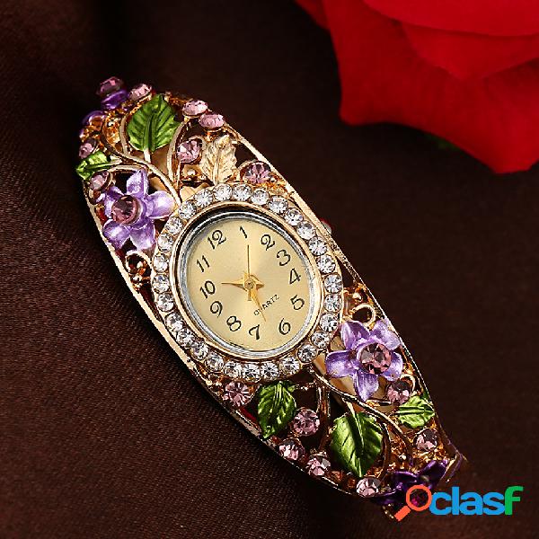 Mulheres de luxo cloisonne flor relógio de ouro clássico