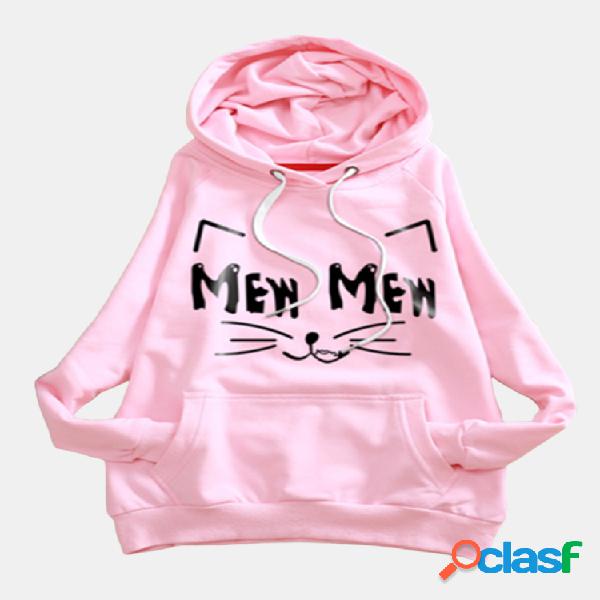 Mulheres gato impresso com capuz manga comprida Hoodies