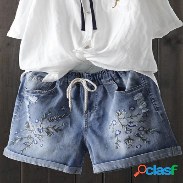 Mulheres vintage floral bordado cordão curto Jeans