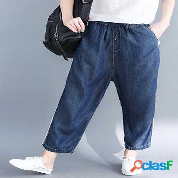 Patchwork cor sólida cordão cintura casual harém denim