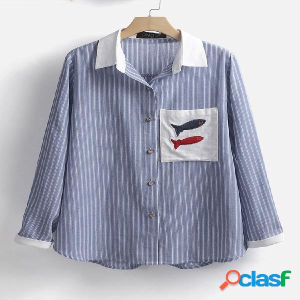Peixe bordado patch listrado manga longa blusa casual