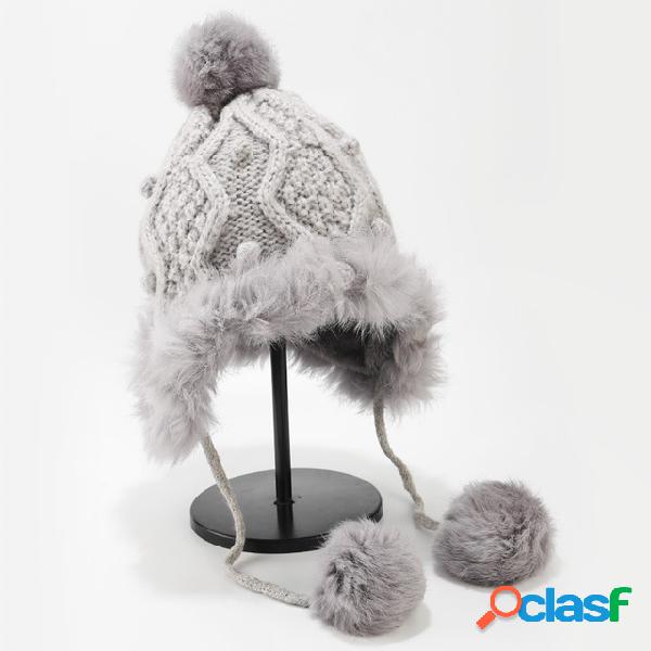 Pom Pom Decor Cuffed Knit Beanie Earmuffs Quentes Chapéu