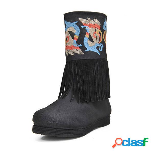 Preto Dragão Borla Vintage Slip On Mid Bezerro Botas de