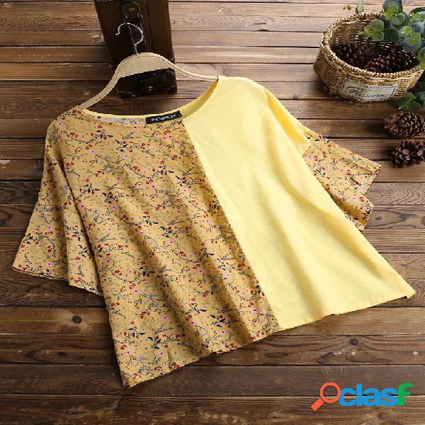 Print Floral Patchwork Casual T-shirt de manga solta