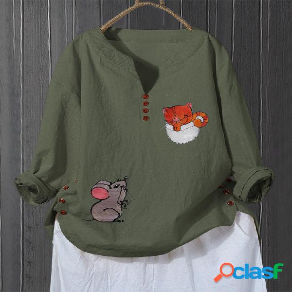 Ratos de gato dos desenhos animados imprimir decote em v