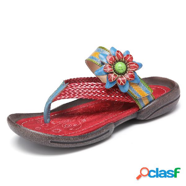 SOCOFY Bohemia Flower Derco Woven Flops Chinelos de pouco