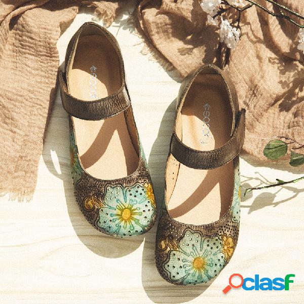 SOCOFY Couro retrô em relevo Flor Soft Toe redondo