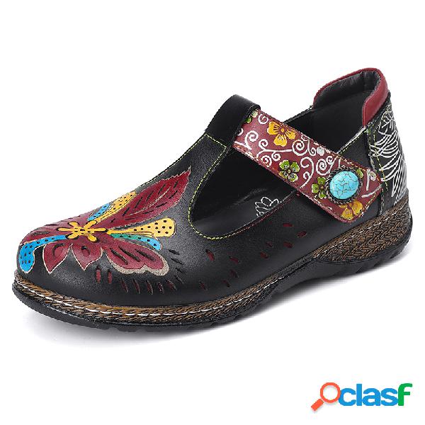 SOCOFY Vintage Couro Floral recorte frisado T-strap cinta
