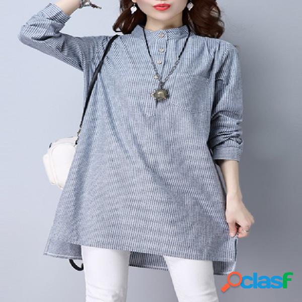Side Splited Stripe Manga Comprida Gola Blusas