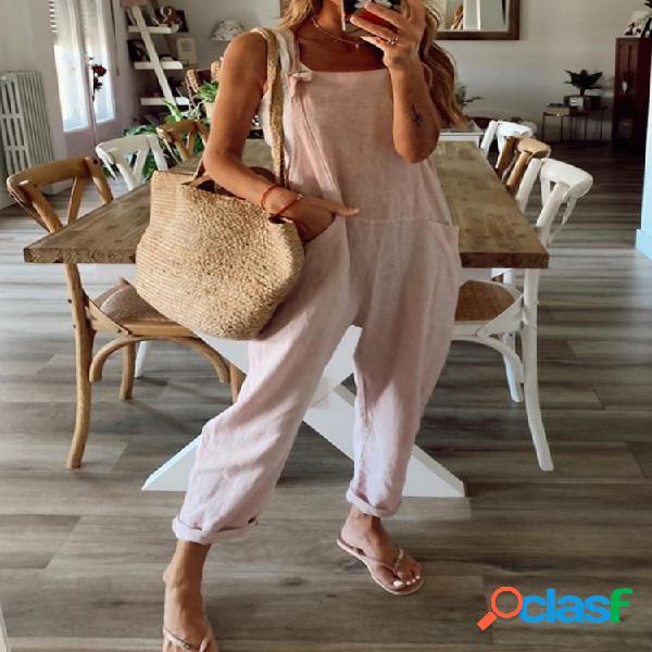 Solid Color Straps Jumpsuit Casual Para Mulheres