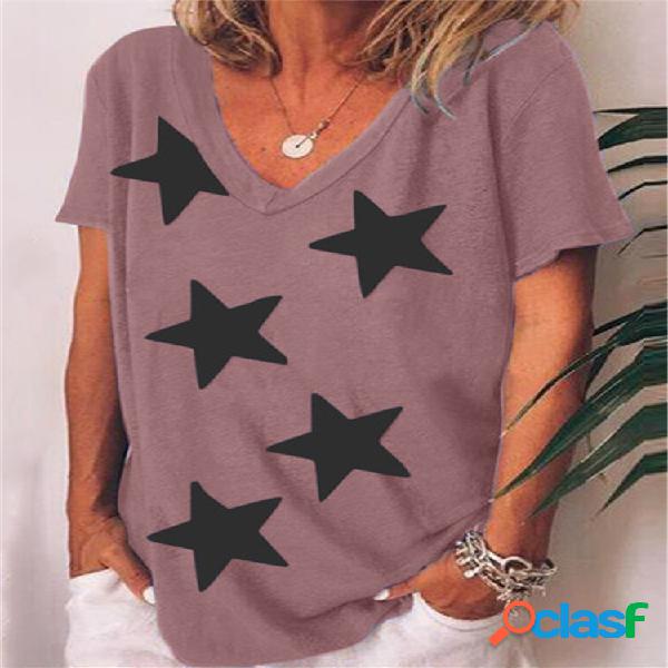 Stars Print V-neck Plus Blusa de tamanho para mulheres