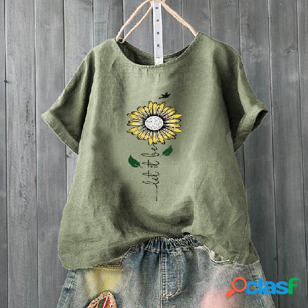 T-shirt casual de manga curta com estampa de girassol para