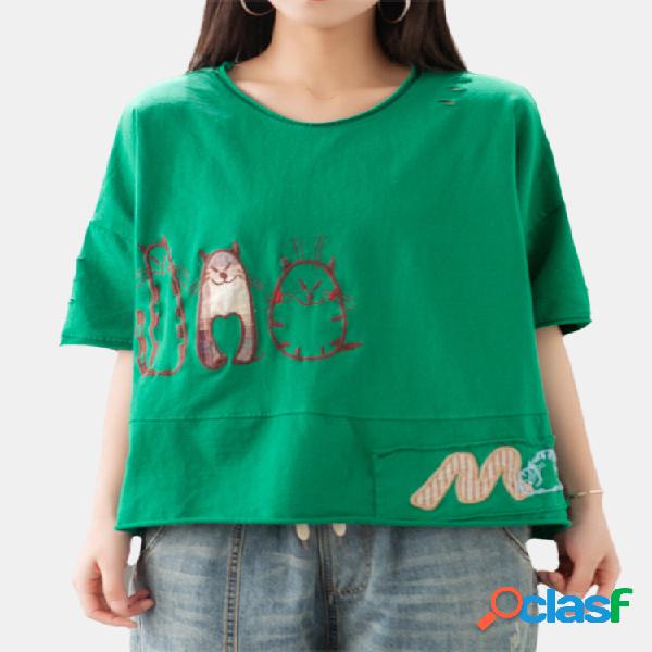 T-shirt da luva do O-pescoço do bordado dos desenhos