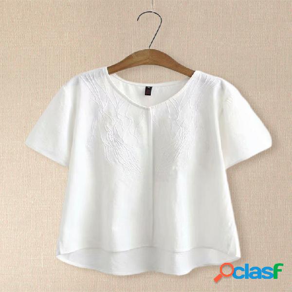 T-shirt de manga curta bordado irregular para mulheres