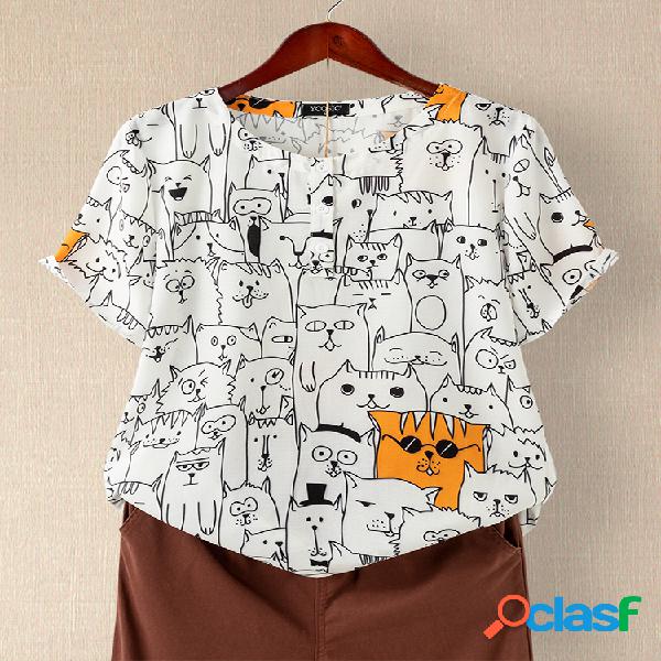 T-shirt de manga curta impressa em botão de gola alta dos