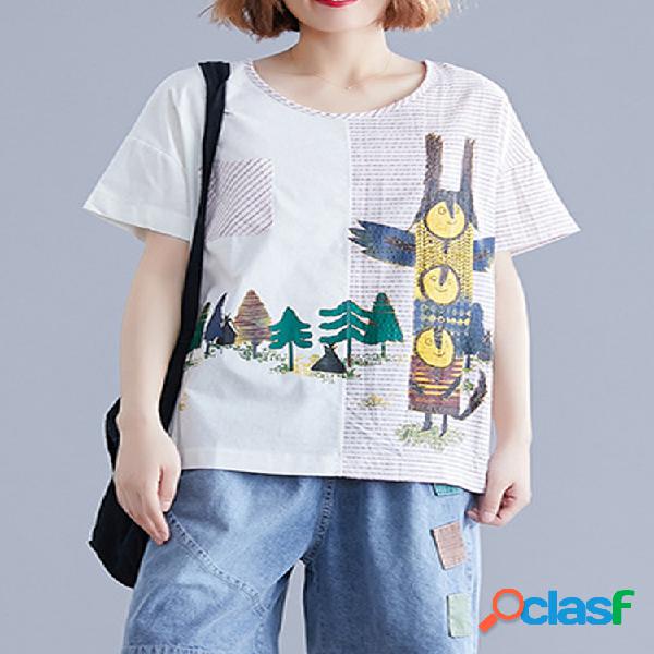 T-shirt de retalhos listrado de impressão dos desenhos