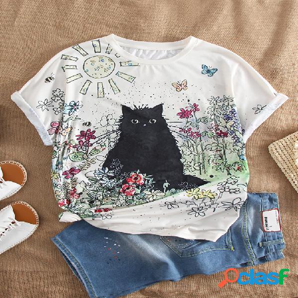 T-shirt dos desenhos animados do gato flor imprimir