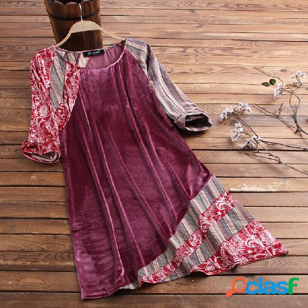 Velvet Floral Stripe Patchwork Plus Blusa longa de tamanho