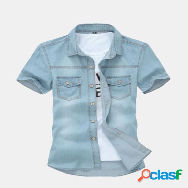 Verão Slim no peito bolso elegante Denim algodão camisas