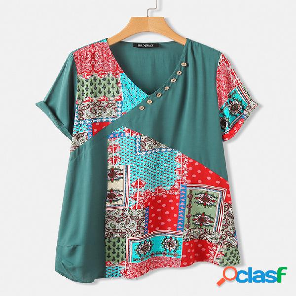 Vintage Bohemian Print Patchwork V-neck Overhead T-shirt de