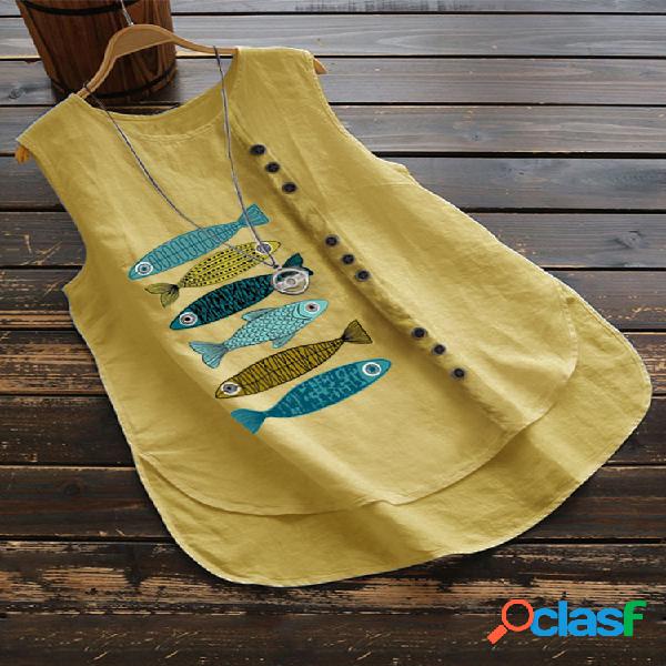 Vintage Fish Print Button Casual Women Regatas
