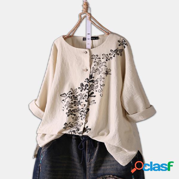 Vintage Floral Print manga comprida Split Plus Blusa Tamanho