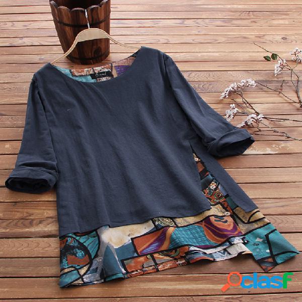 Vintage Irregular Patchwork Print Plus Blusa de tamanho