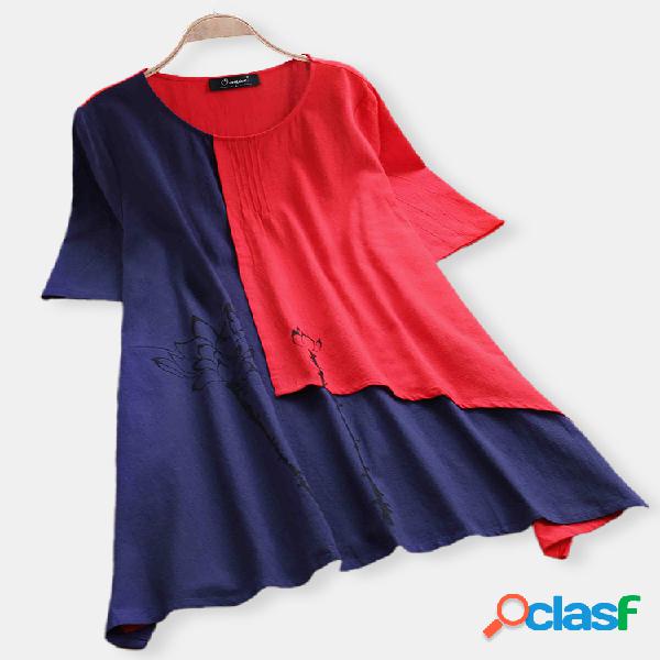Vintage Patchwork impresso camisetas para mulheres