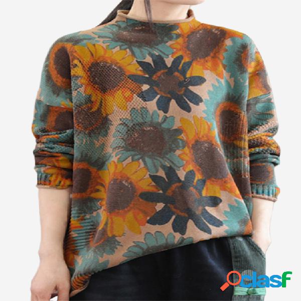 Vintage Print Flower Half Turtleneck Camisola de manga