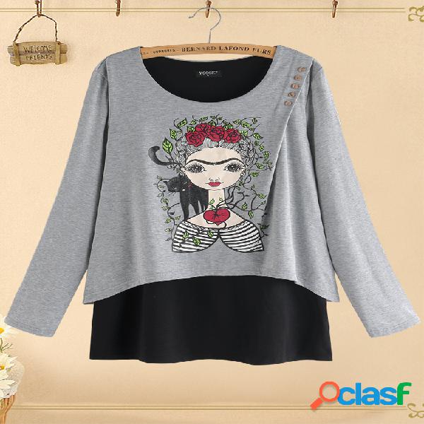 Vintage Print Girl Blusa de manga comprida de duas peças
