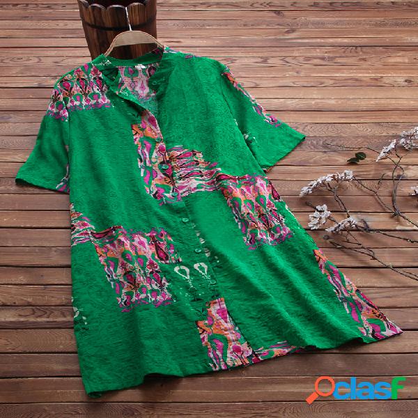 Vintage Print Stand Collar Loose Long Camisa para mulheres
