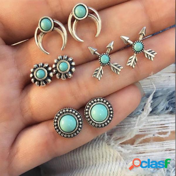 Étnica Seta dupla Turquesa Brincos Conjunto Vintage Silver