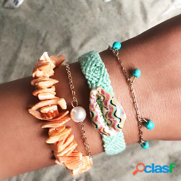 Bohemian Woven Colorful Cascalho Shell Pulseira de metal