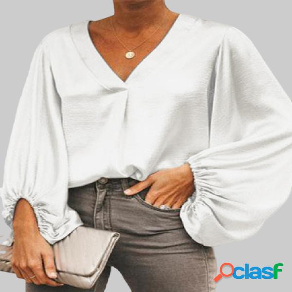 Bolha manga solta cor sólida Plus blusa casual de tamanho